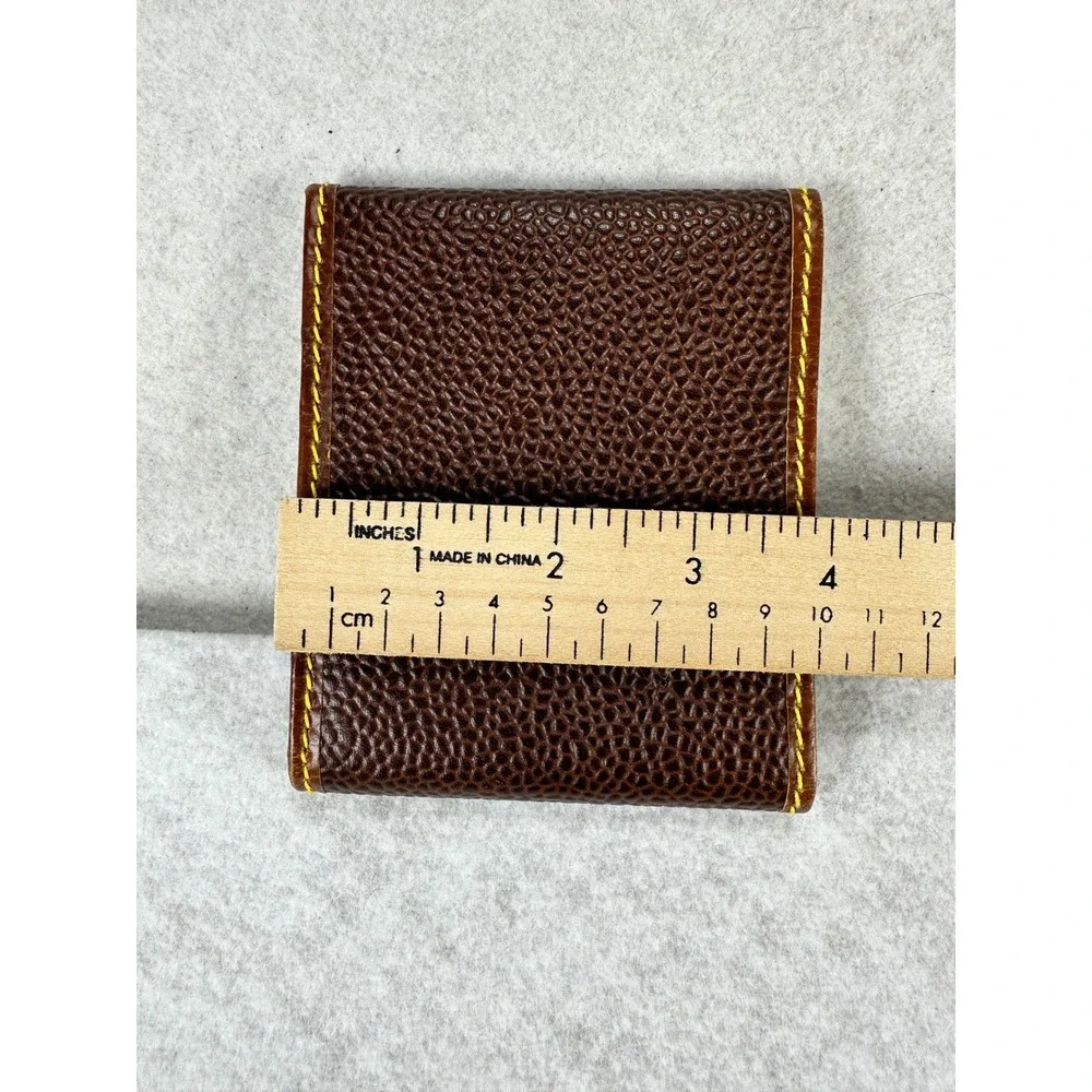 Timberland Mens Brown Pebbled Leather Bifold Wallet Yellow Stitch Snap Closure